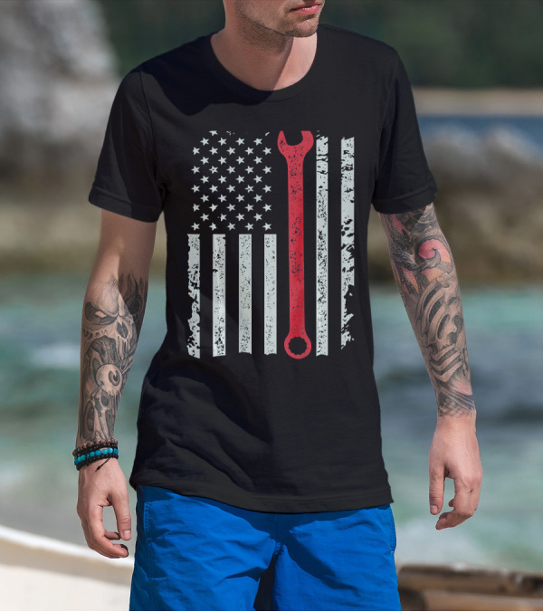 American Flag With Red Mechanic Wrench T-Shirt