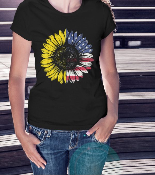 Sunflower With American Flag Stars And Stripes Patriotic T-Shirt