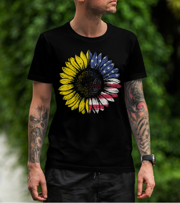 Sunflower With American Flag Stars And Stripes Patriotic T-Shirt