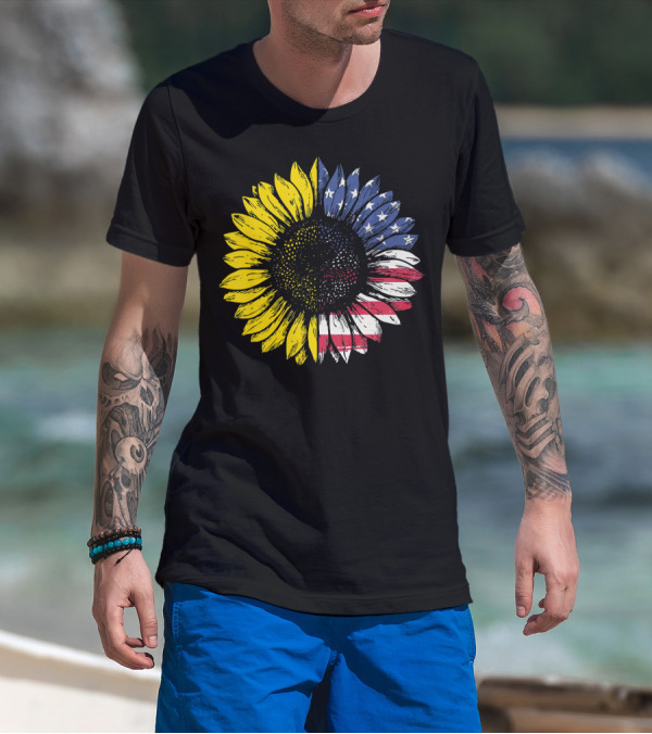 Sunflower With American Flag Stars And Stripes Patriotic T-Shirt