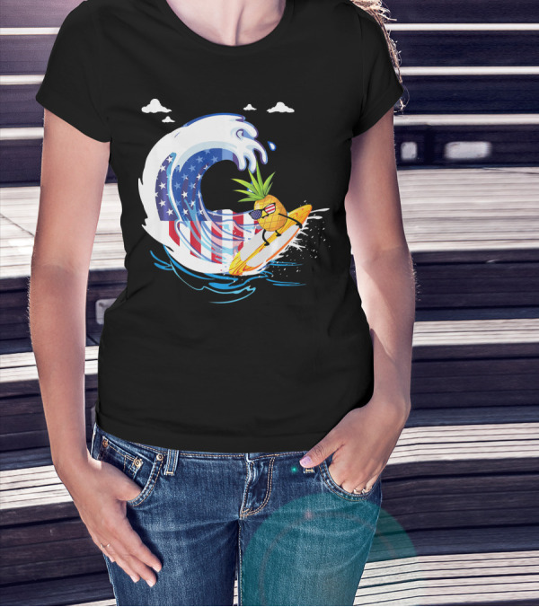 Pineapple Surfing American Flag Wave Hawaiian T-Shirt