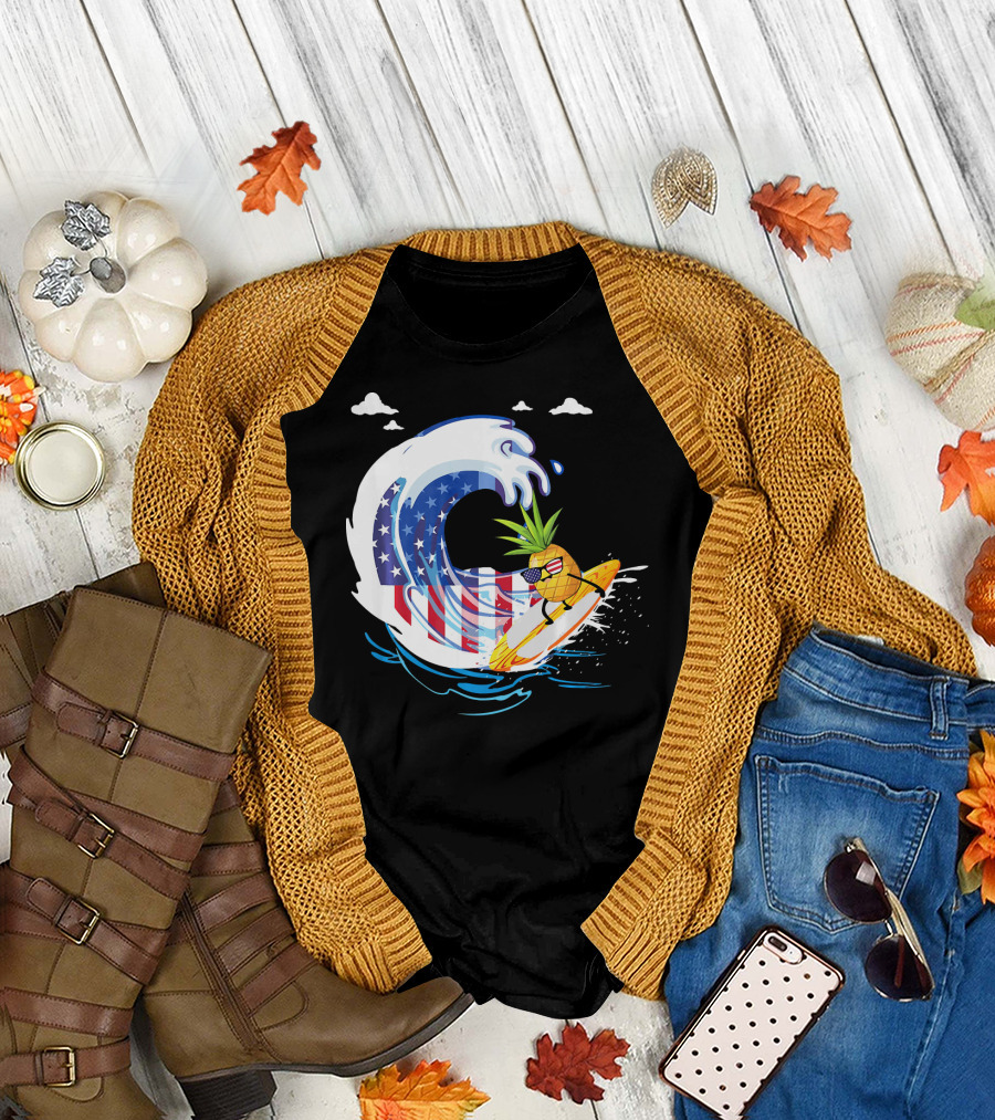 Pineapple Surfing American Flag Wave Hawaiian T-Shirt