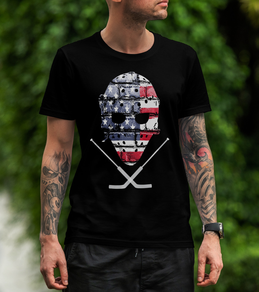 United States Hockey Goalie Mask With Flag And Sticks T-Shirt