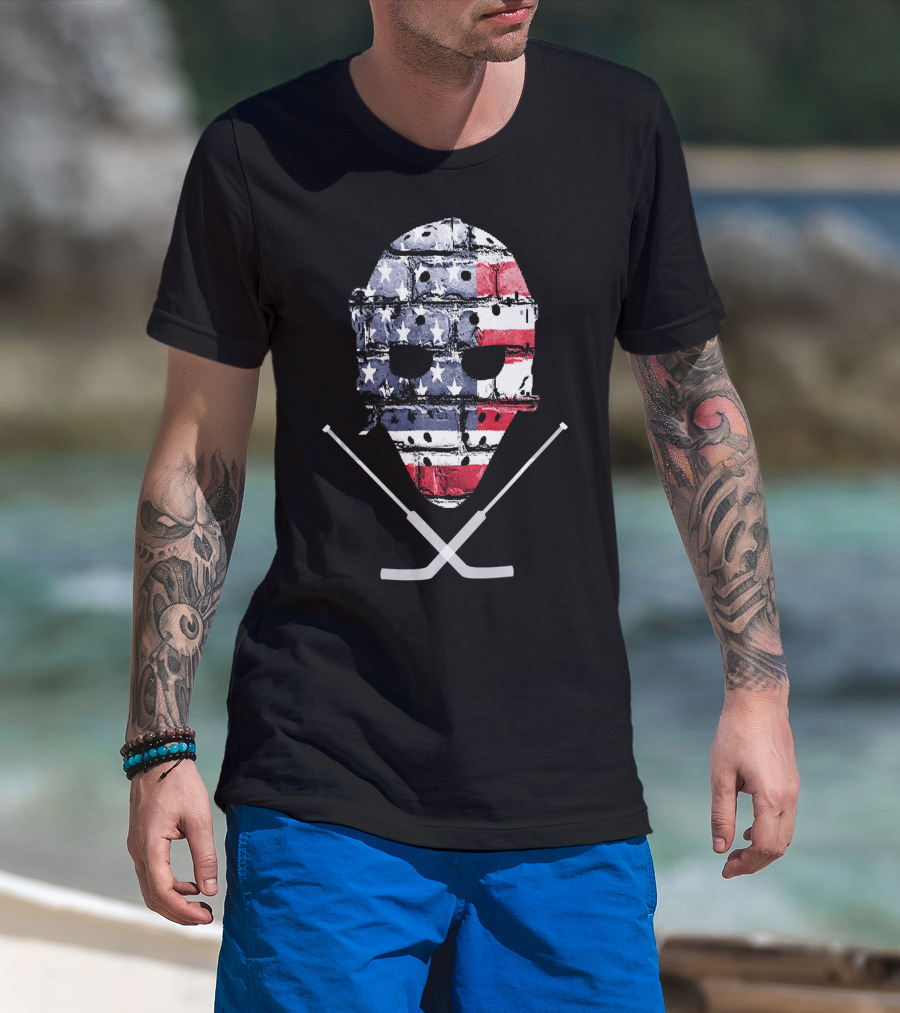 United States Hockey Goalie Mask With Flag And Sticks T-Shirt