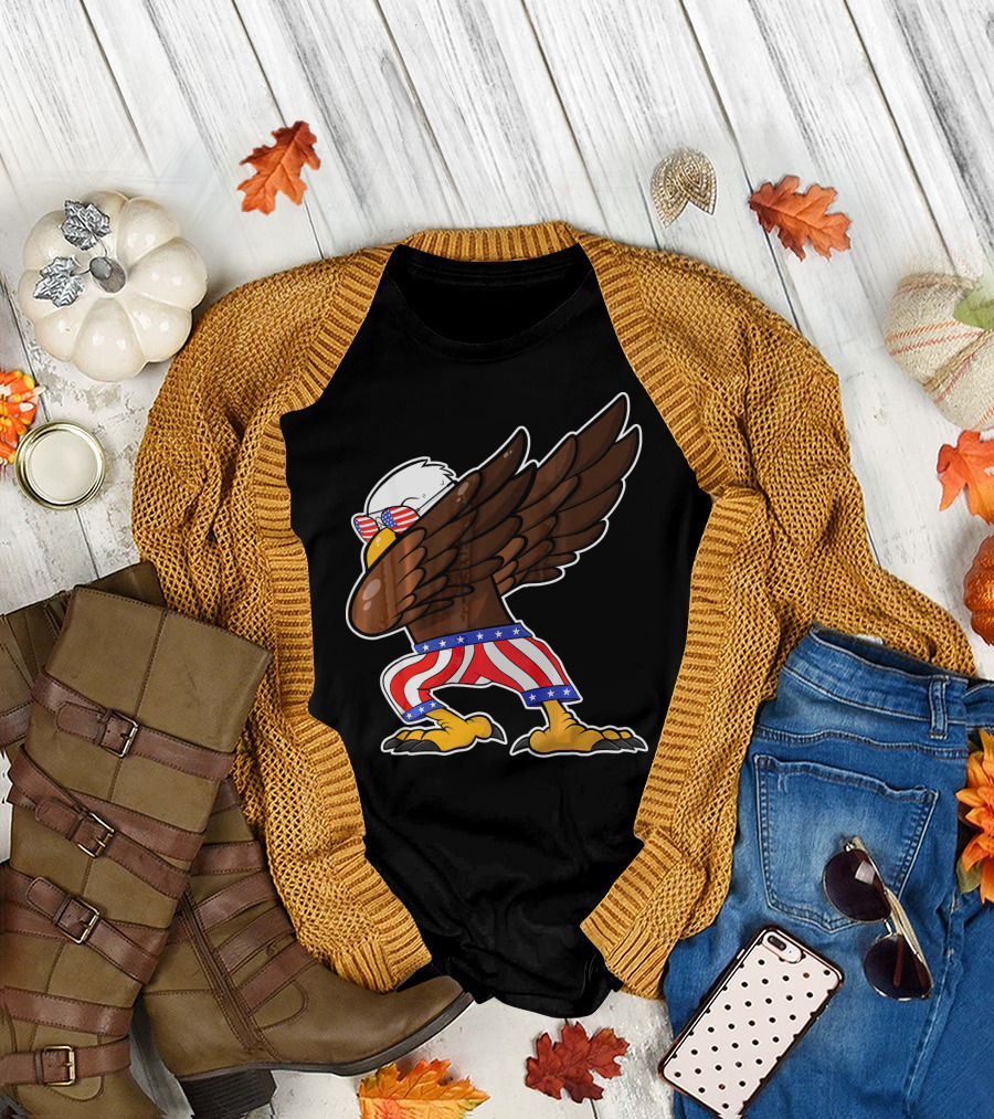 4th of July Dabbing Kids Eagle American Flag Sunglasses and Stripes T-Shirt