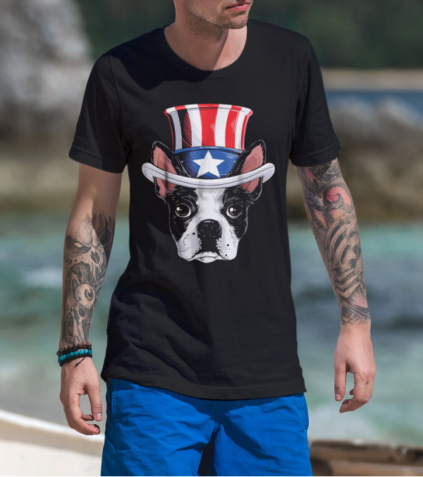 Boston Terrier Wearing Uncle Sam Hat With Star And Stripes T-Shirt