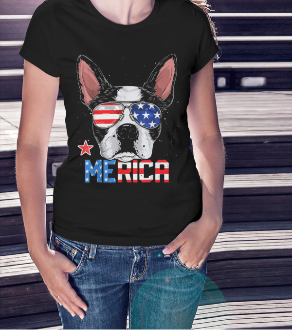 Boston Terrier Merica American Flag Sunglasses 4th Of July T-Shirt