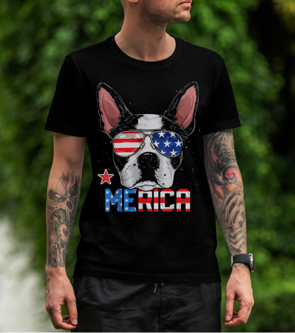 Boston Terrier Merica American Flag Sunglasses 4th Of July T-Shirt