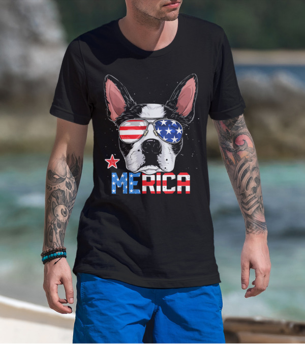 Boston Terrier Merica American Flag Sunglasses 4th Of July T-Shirt