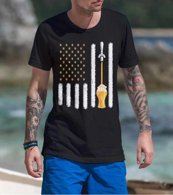 USA Flag Hops Pattern Craft Beer Tap Pouring T-Shirt