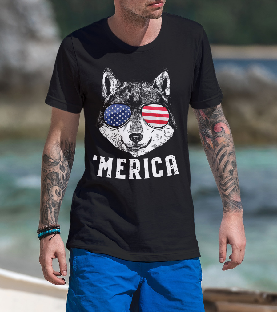 Patriotic Wolf American Flag Sunglasses 'Merica T-Shirt
