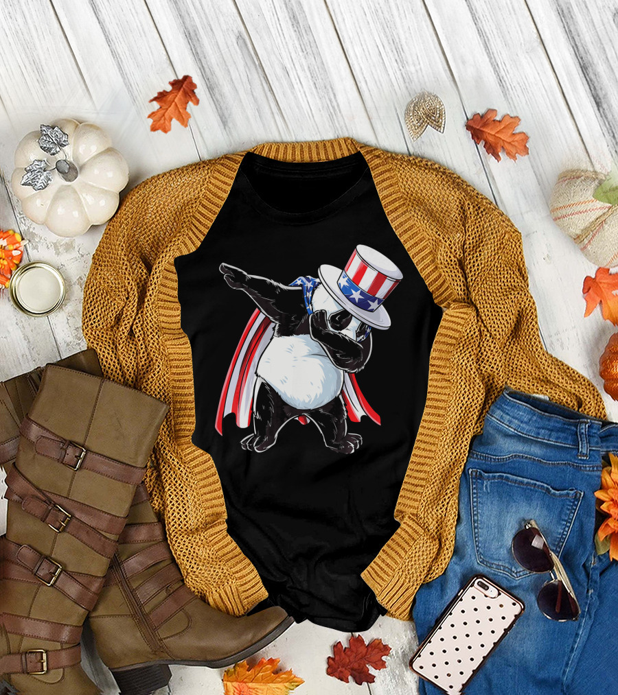 Uncle Sam Panda Dabbing with Stars and Stripes Hat and Cape T-Shirt