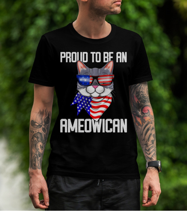 Proud To Be An Ameowican Cat With American Flag Glasses And Scarf T-Shirt