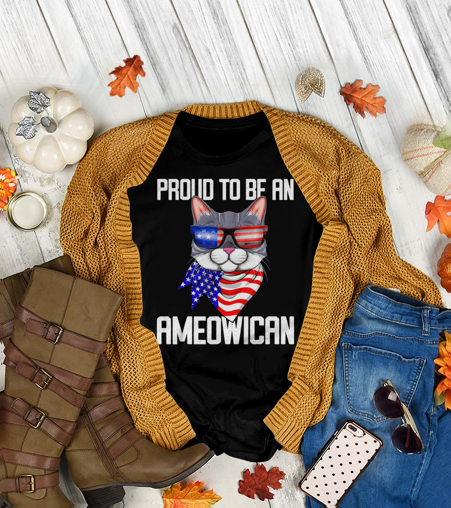 Proud To Be An Ameowican Cat With American Flag Glasses And Scarf T-Shirt
