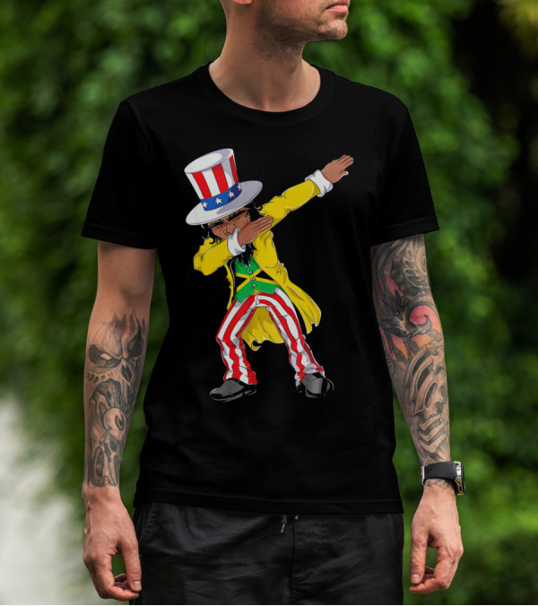 Uncle Sam Dabbing With Jamaican Flag And Red White Blue Hat In Yellow Coat T-Shirt