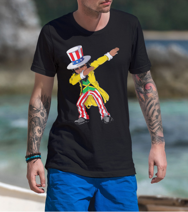 Uncle Sam Dabbing With Jamaican Flag And Red White Blue Hat In Yellow Coat T-Shirt