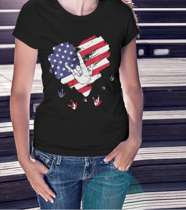 I Love You American Sign Language Hand Shape Heart With USA Flag Colors T-Shirt