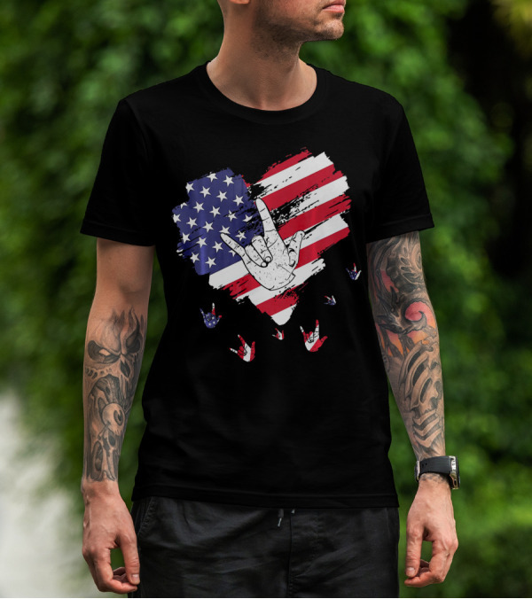 I Love You American Sign Language Hand Shape Heart With USA Flag Colors T-Shirt