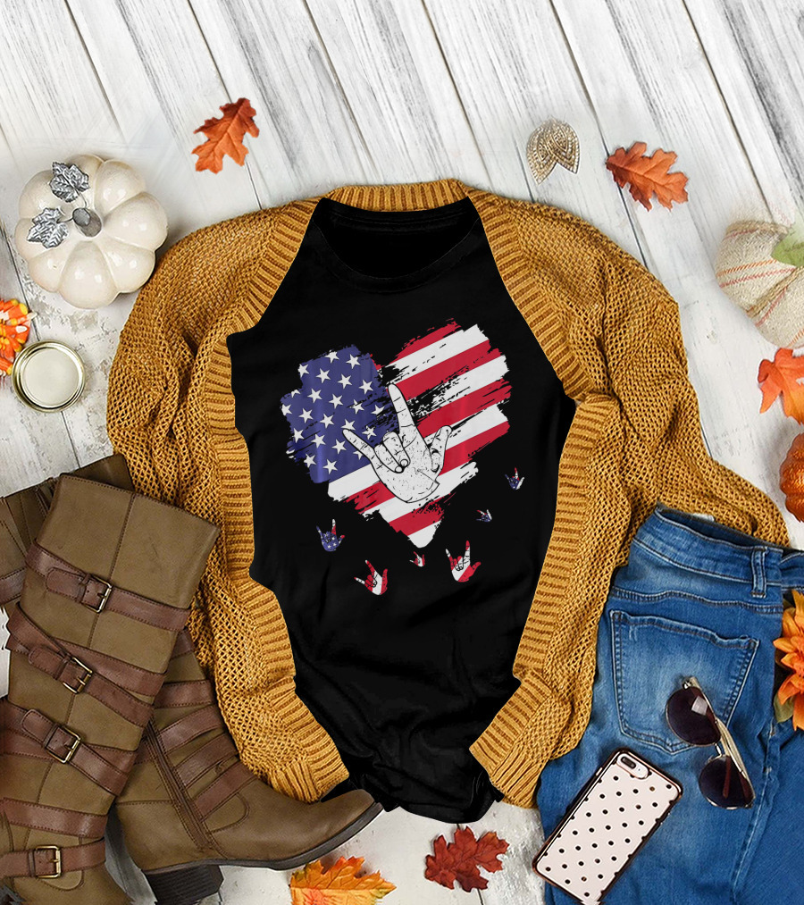 I Love You American Sign Language Hand Shape Heart with USA Flag Colors T-Shirt
