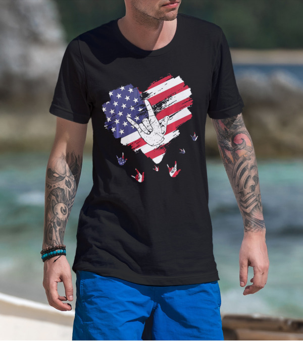 I Love You American Sign Language Hand Shape Heart With USA Flag Colors T-Shirt