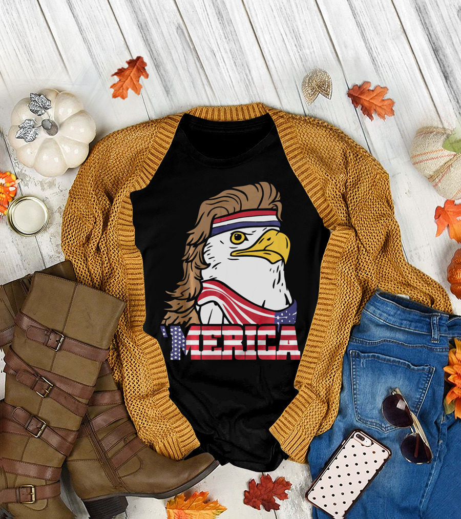 'Merica Bald Eagle Mullet Headband American Flag T-Shirt
