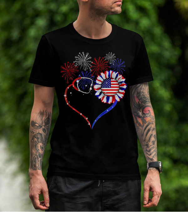 Nurse Heart Stethoscope Sunflower American Flag Fireworks T-Shirt