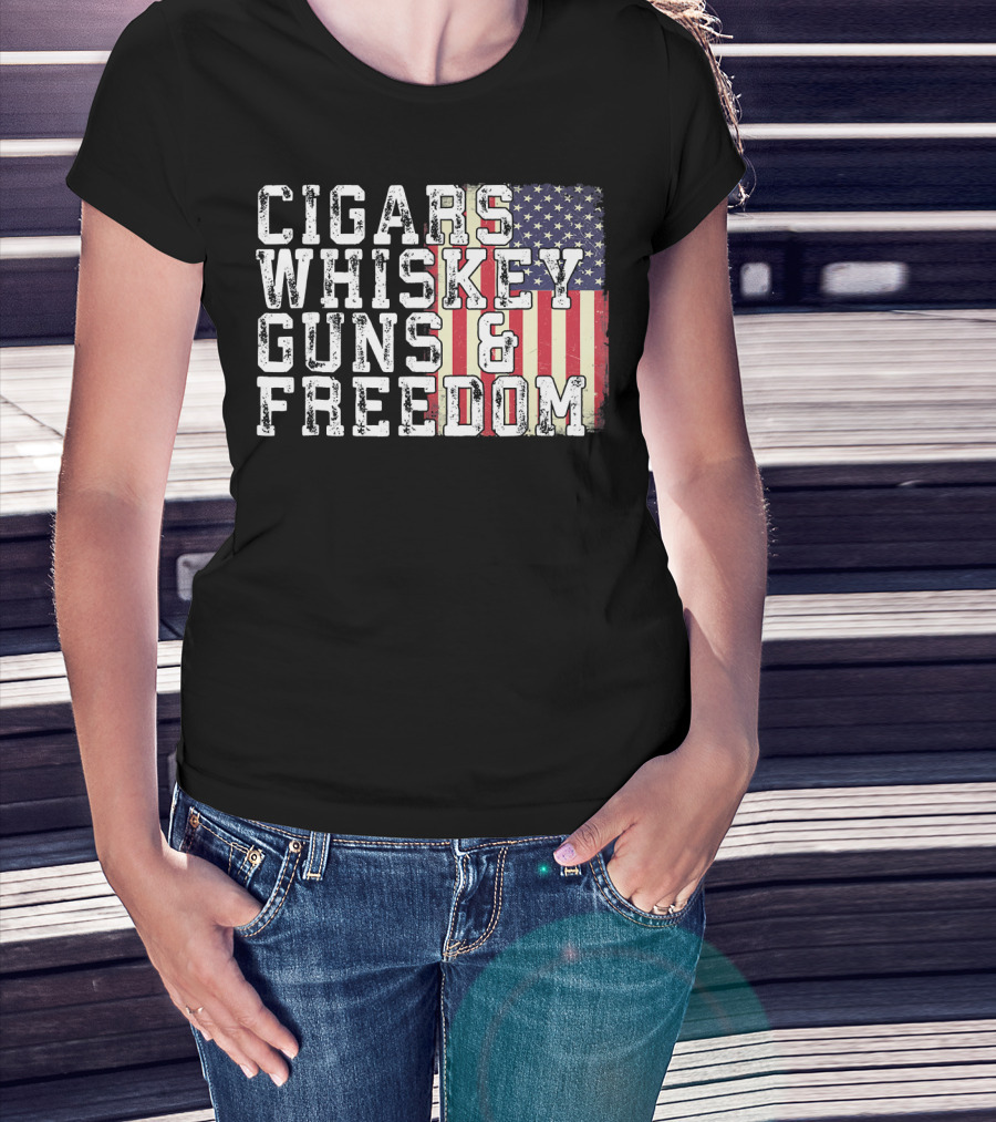 Cigars Whiskey Guns And Freedom American Flag T-Shirt