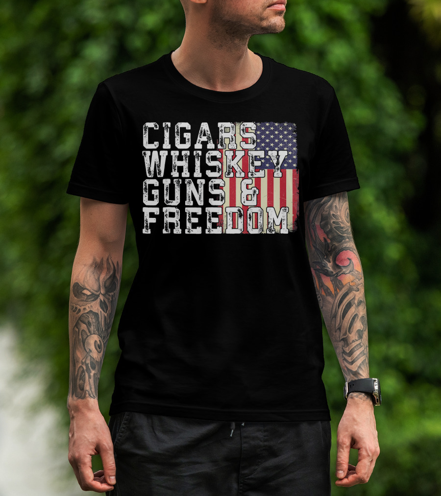 Cigars Whiskey Guns And Freedom American Flag T-Shirt