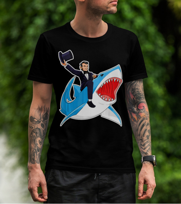 Abraham Lincoln Riding A Shark Waving Top Hat Adventure T-Shirt