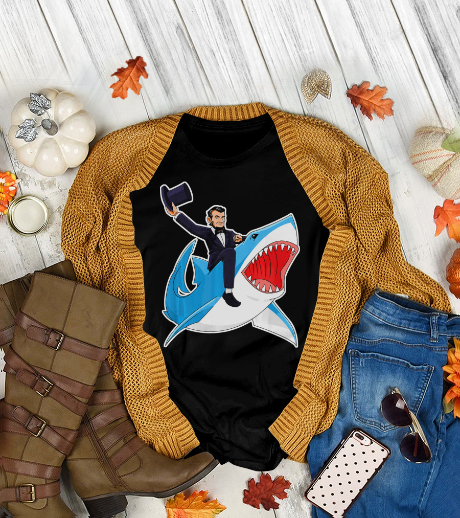 Abraham Lincoln Riding A Shark Waving Top Hat Adventure T-Shirt