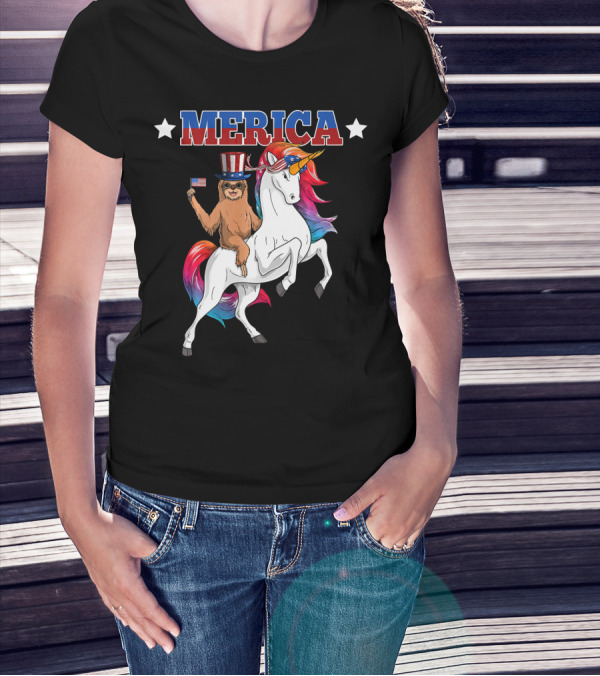 Merica Sloth Riding Patriotic Unicorn With USA American Flag T-Shirt