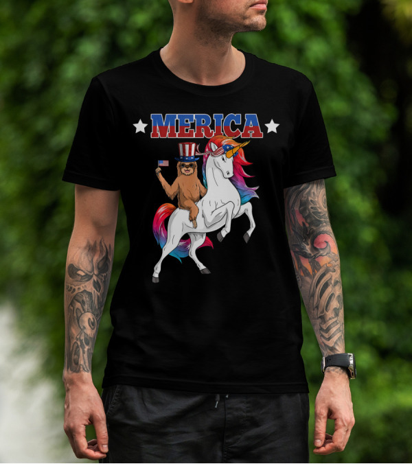 Merica Sloth Riding Patriotic Unicorn With USA American Flag T-Shirt