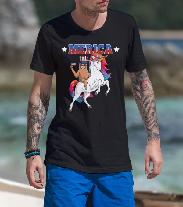 Merica Sloth Riding Patriotic Unicorn With USA American Flag T-Shirt