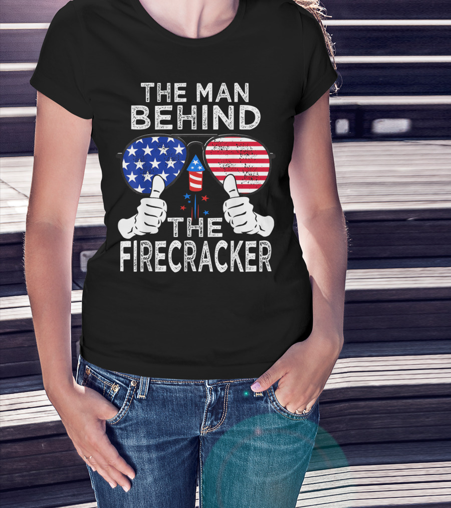 The Man Behind The Firecracker Patriotic Sunglasses Stars Stripes T-Shirt