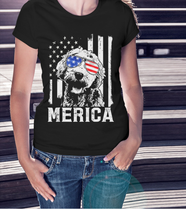 Merica Goldendoodle With American Flag Sunglasses And Stripes T-Shirt