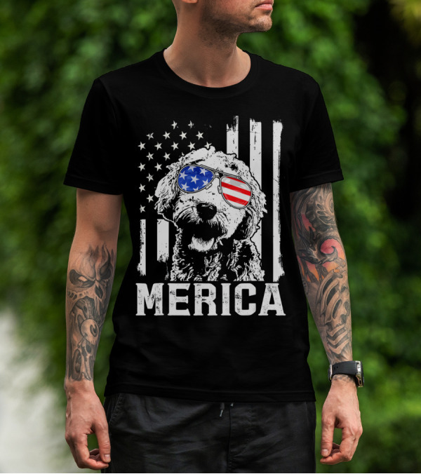 Merica Goldendoodle With American Flag Sunglasses And Stripes T-Shirt