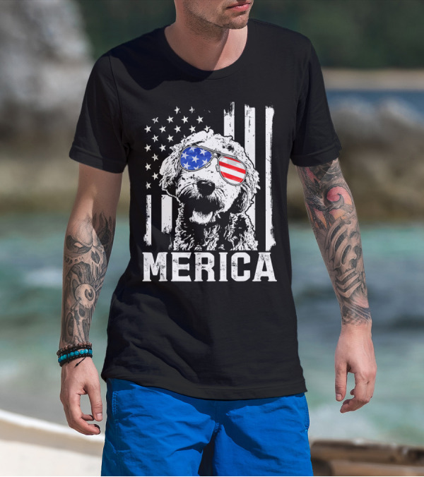 Merica Goldendoodle With American Flag Sunglasses And Stripes T-Shirt