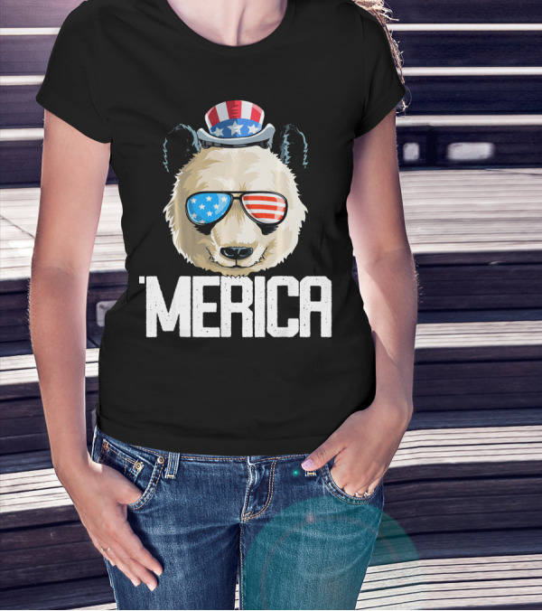 'Merica Panda With Patriotic Sunglasses And Uncle Sam Hat T-Shirt