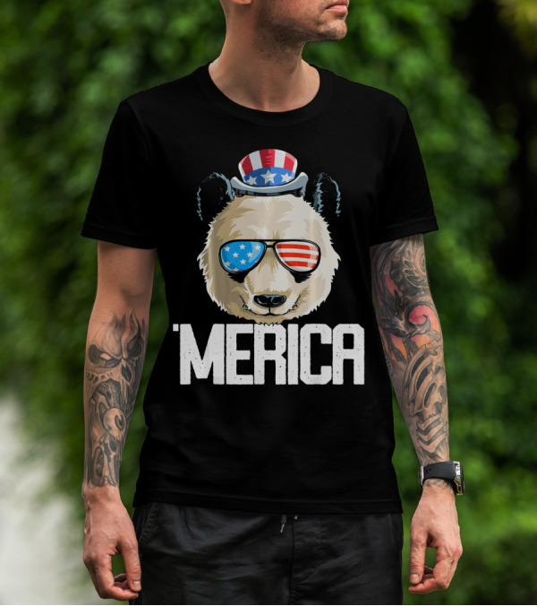 'Merica Panda With Patriotic Sunglasses And Uncle Sam Hat T-Shirt
