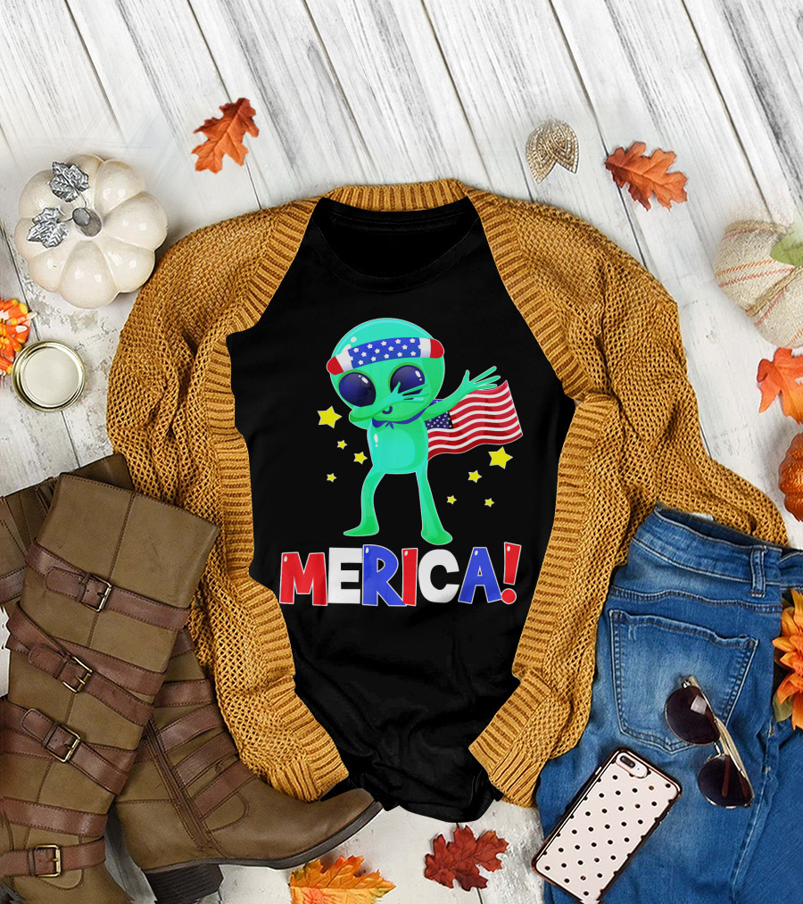Merica Dabbing Alien USA Flag 4th of July T-Shirt