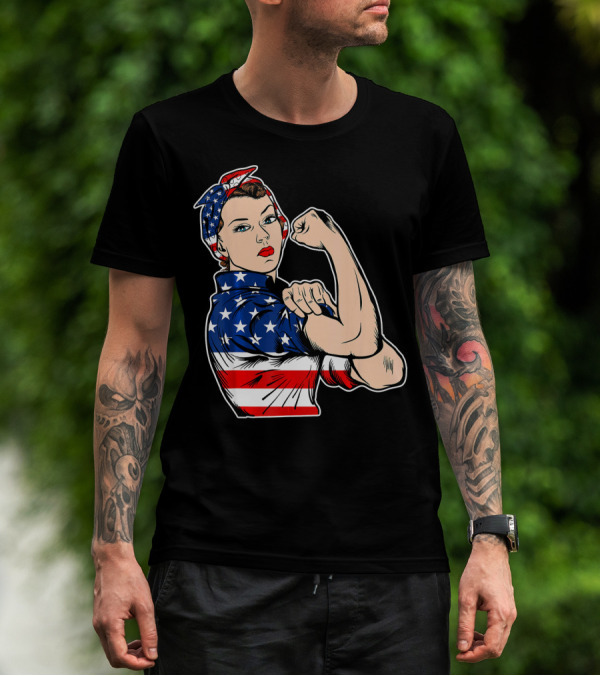 USA Flag Rosie The Riveter Bandana Feminist T-Shirt