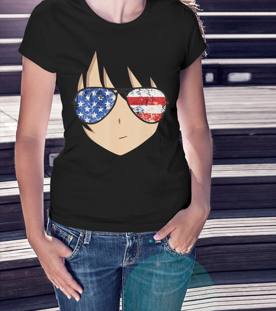 American Anime Face With Stars And Stripes USA Sunglasses T-Shirt