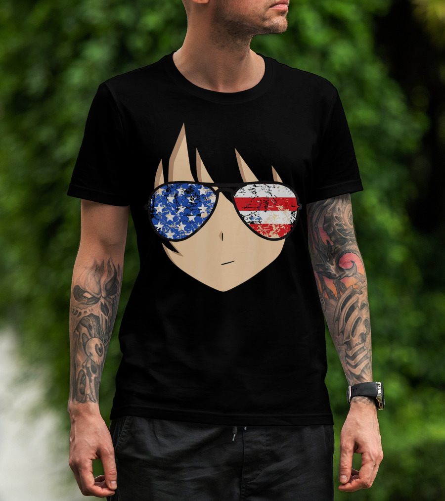 American Anime Face With Stars And Stripes USA Sunglasses T-Shirt