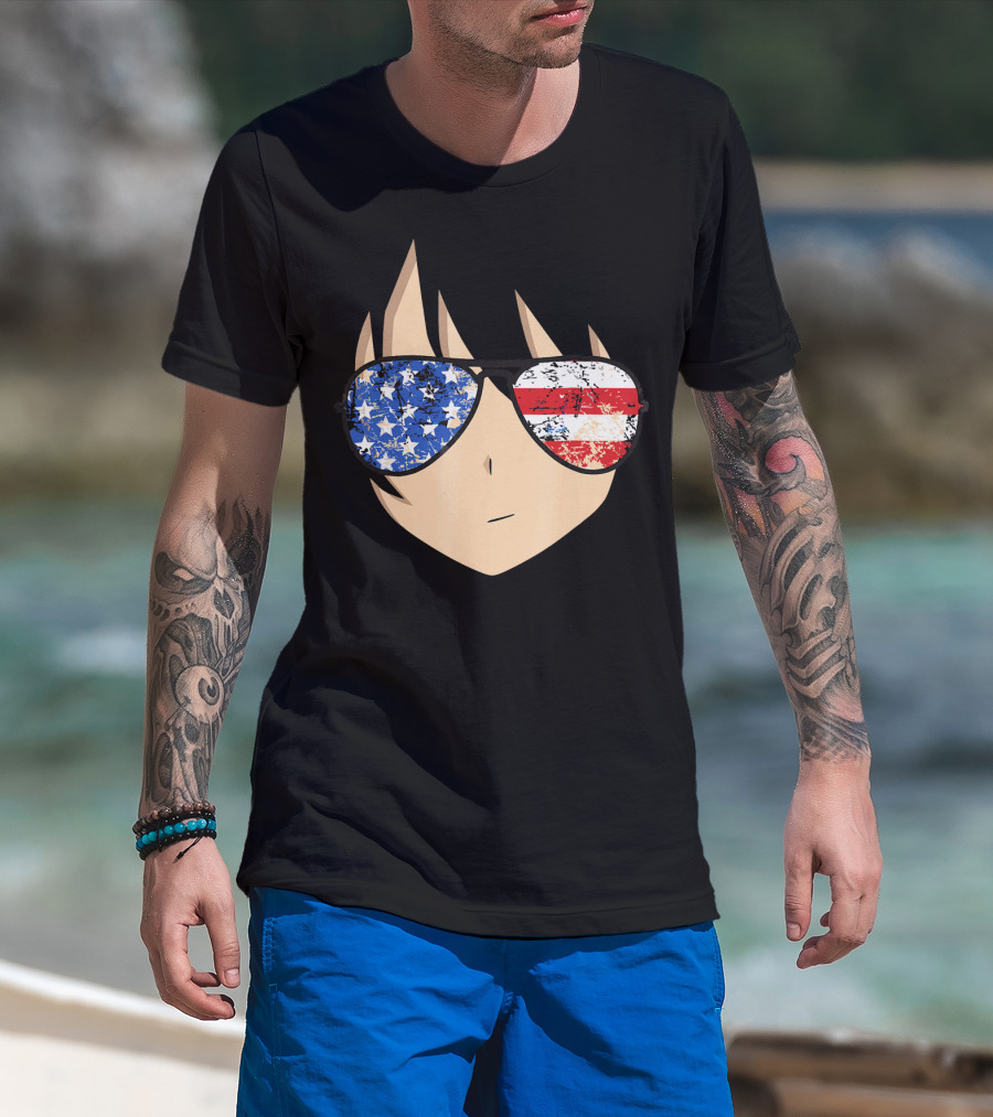 American Anime Face With Stars And Stripes USA Sunglasses T-Shirt