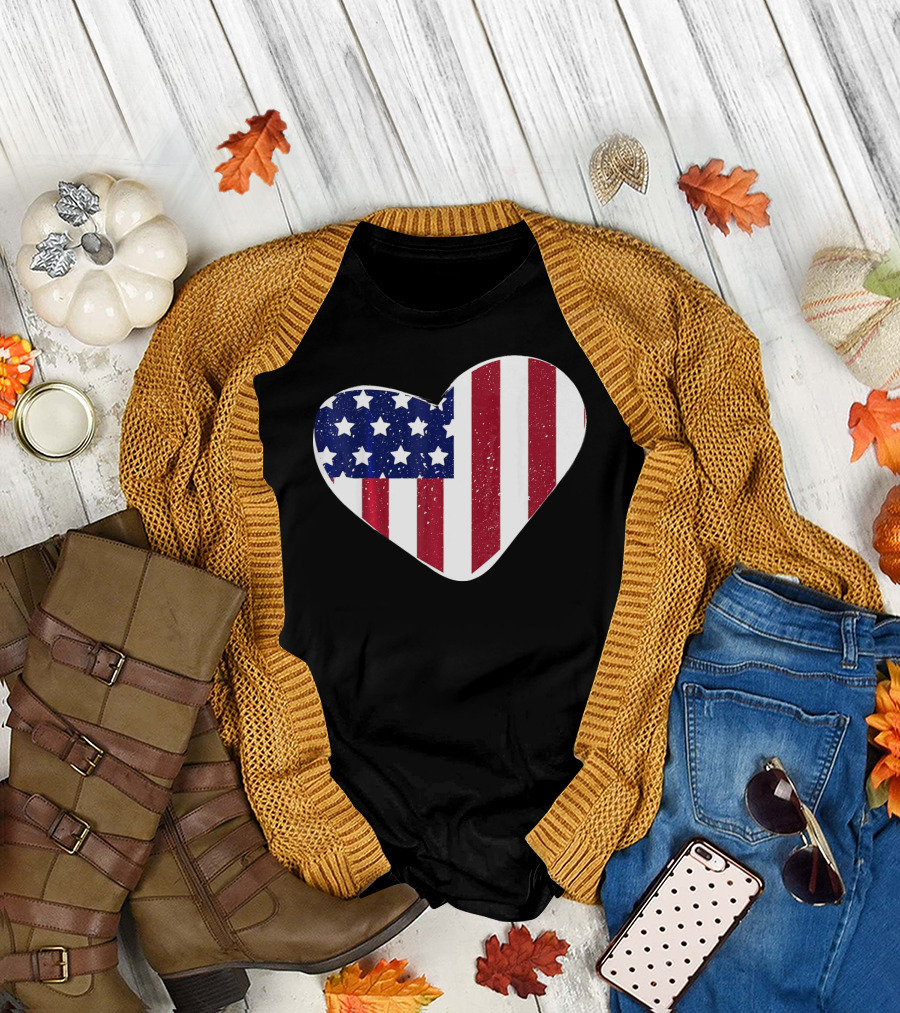 USA Flag Heart American Stars and Stripes 4th of July T-Shirt