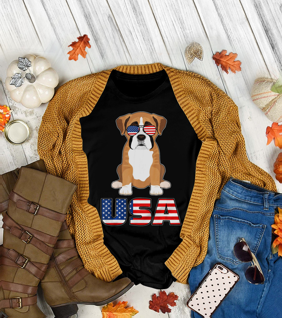 USA Boxer Dog Wearing USA Flag Glasses 4th Of July T-Shirt