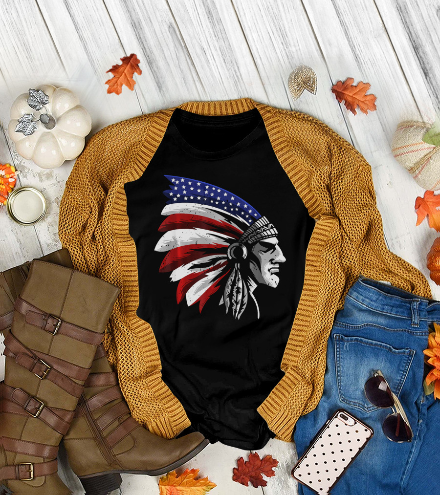 Native American Indian Chief Patriotic Headdress T-Shirt