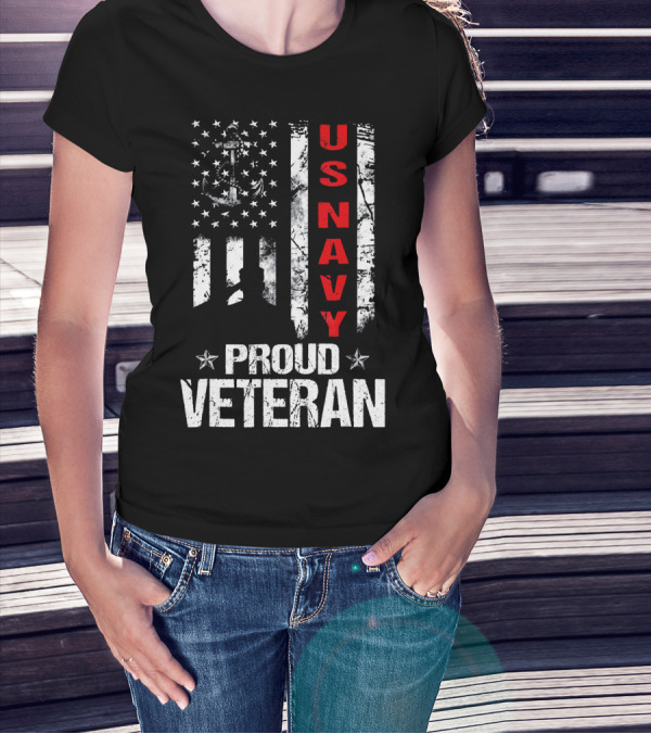 US Navy Proud Veteran Patriotic American Flag Anchor Stars T-Shirt
