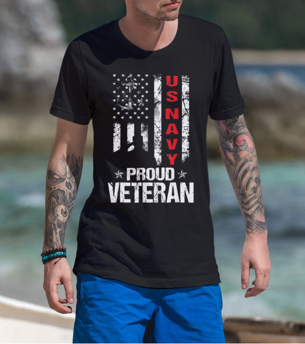 US Navy Proud Veteran Patriotic American Flag Anchor Stars T-Shirt