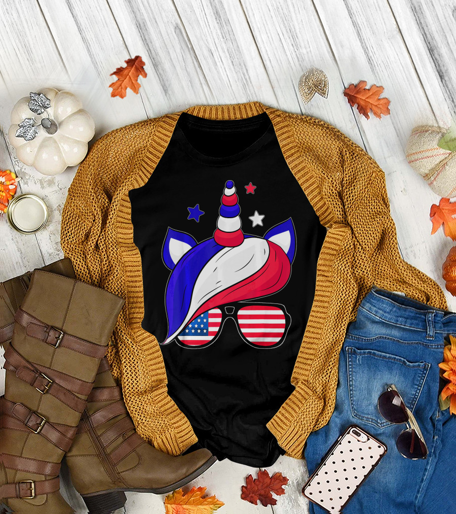 4th of July Patriotic Unicorn with American Flag Sunglasses Funny Cute Top T-Shirt